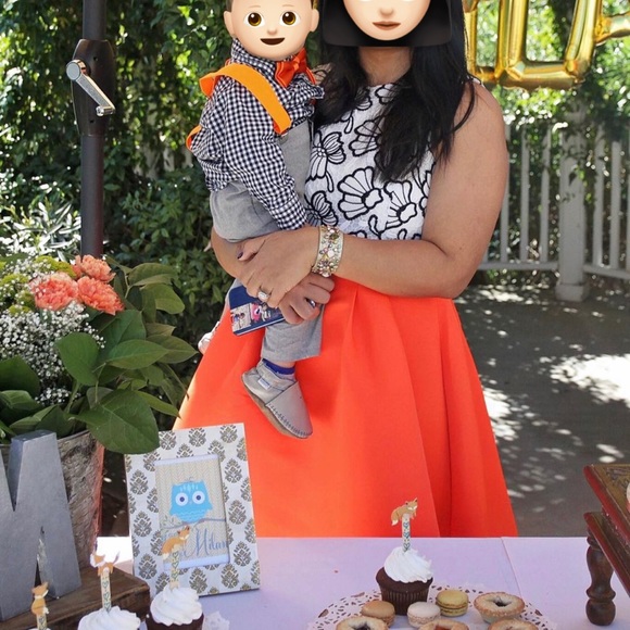 Cocktail bright orange dress with black and white lace details in Size Medium. - Picture 4 of 4